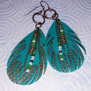 Faux leather boho  feather earrings